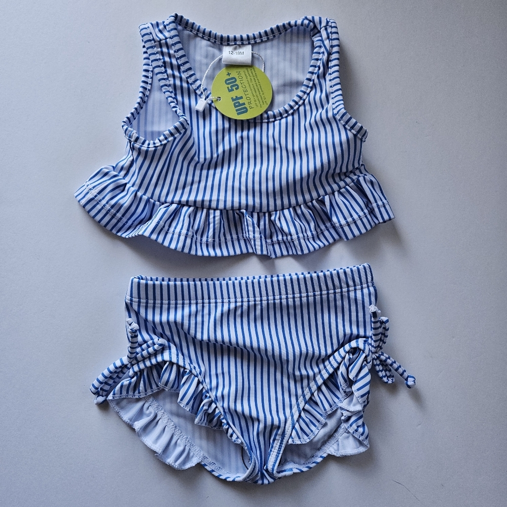 12-18 month blue & white stripe toddler girl swimsuit 2 pc bikini preppy coastal